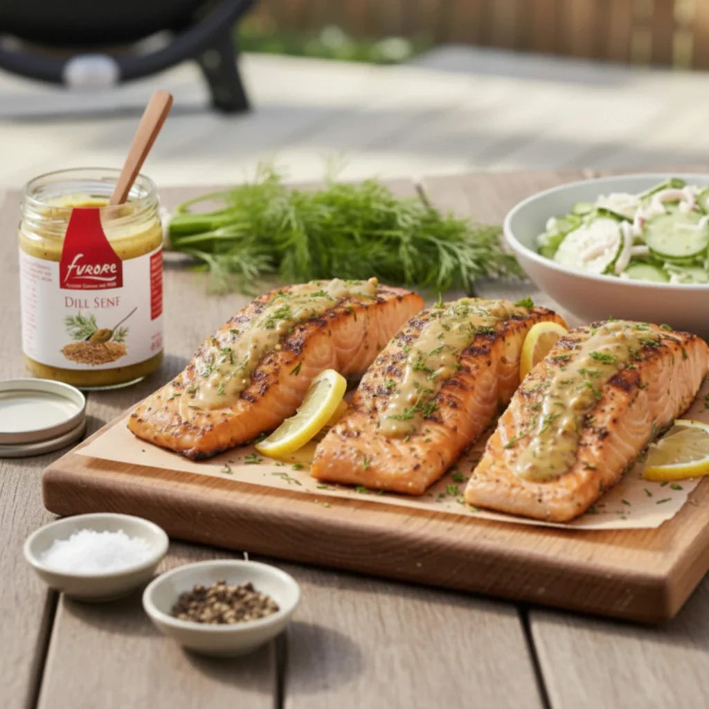 Gegrilltes Lachsfilet mit Dill Senf