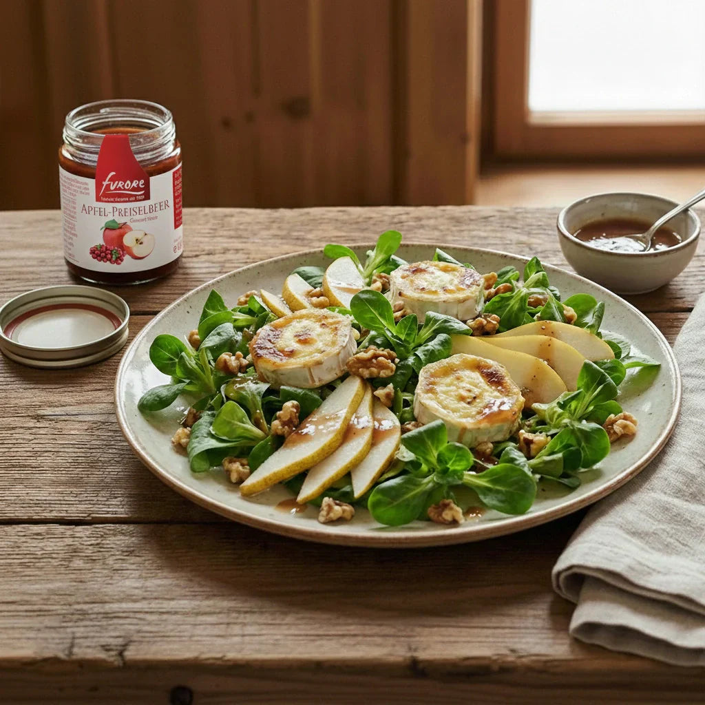 Herbstlicher Salat mit Ziegenkäse und Preiselbeer-Dressing
